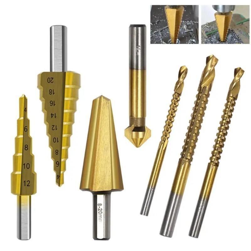 7Pcs Step Drill Bit Saw Umbrella Chamfer Bit Straight Titanium Milling Cutter 4-12/20mm 3 6 8 Mm Woodwork Metal Hole Cone Drill