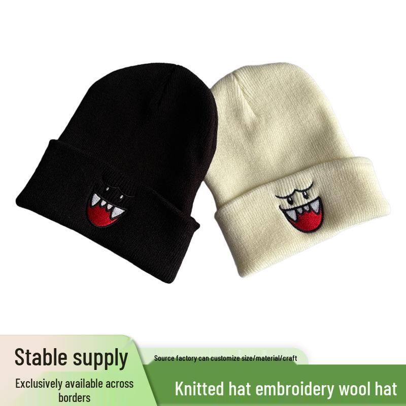 Cartoon Big Mouth Red Eyes Beanie - Autumn/Winter Embroidered Wool Knit Hat