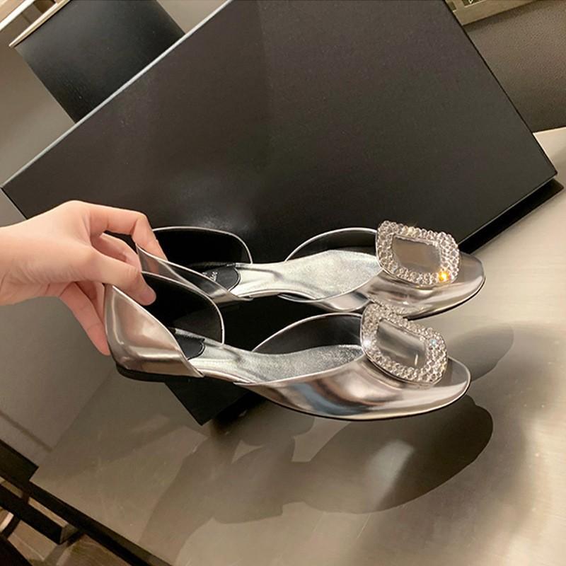 2025 Sommer neue Seide Strass eckige Schnalle Einzelne Schuhe, modische Fee runder Kopf flacher Ausschnitt hohl flache Sohle einzelne Schuhe Damen