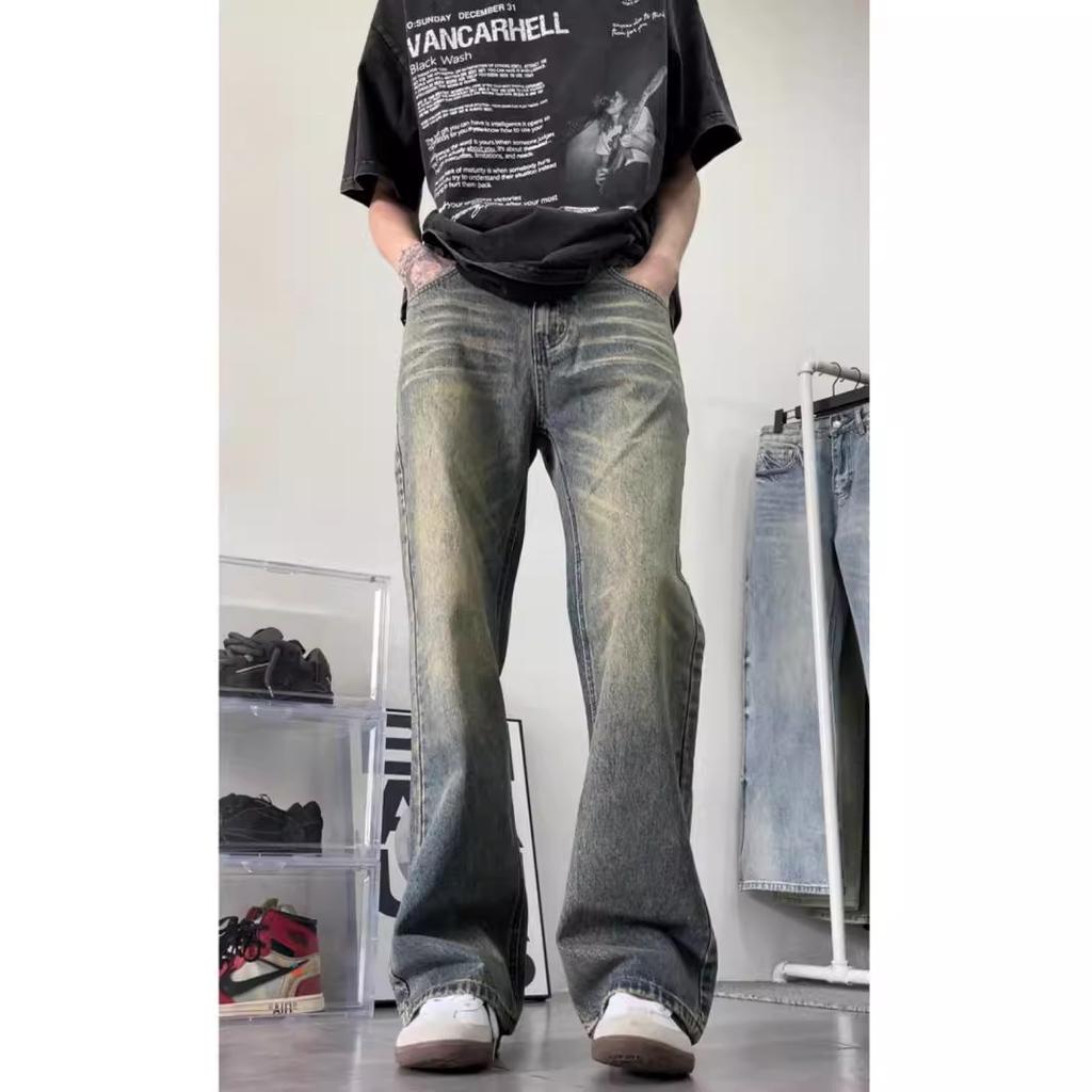 American high street retro washed old jeans men's cleanfit retro micro-straightforward slim long pants tide
