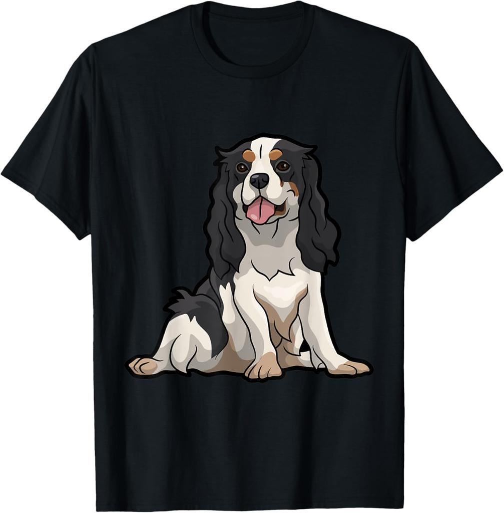Tricolor Cavalier King Charles Spaniel Dog Sitting Graphic T-Shirt Casual Cotton Tee
