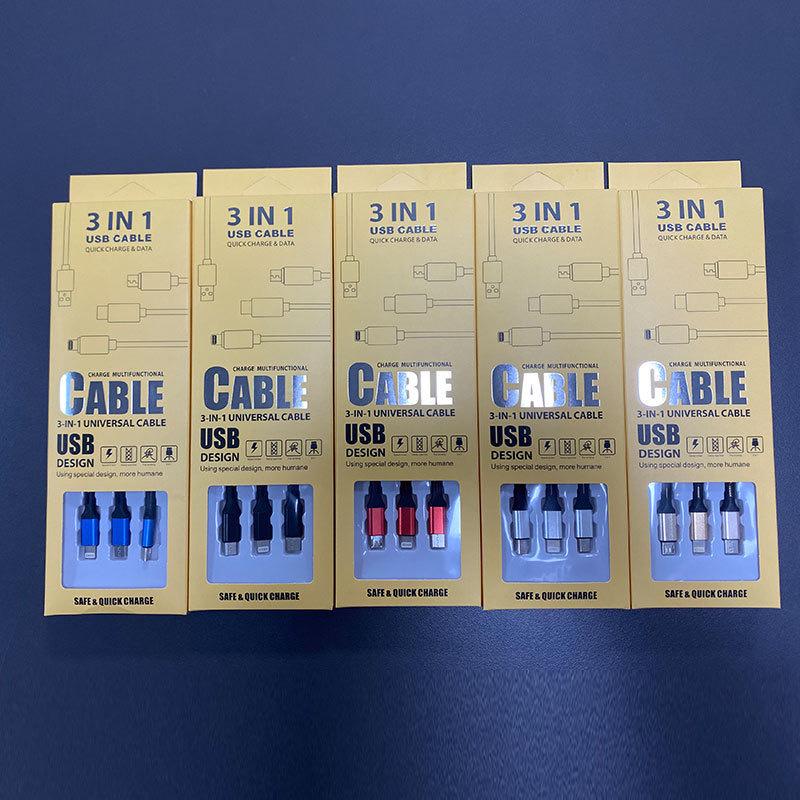 Nylon-Braided 3-in-1 Fast Charging Cable (2A) with Multiple Heads for Mobile Phones