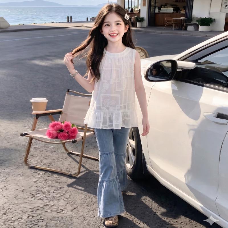 Summer 2026 High-End Girls Sleeveless Doll Top & Bell Bottom Pants Set 130 cm