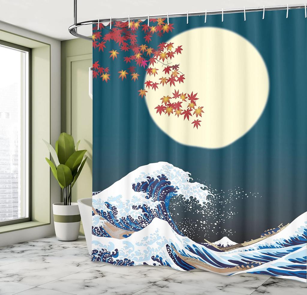 Japanese Wave Moon Shower Curtain Autumn Maple Art Traditional Japanese Bathroom Decor Linen180X230