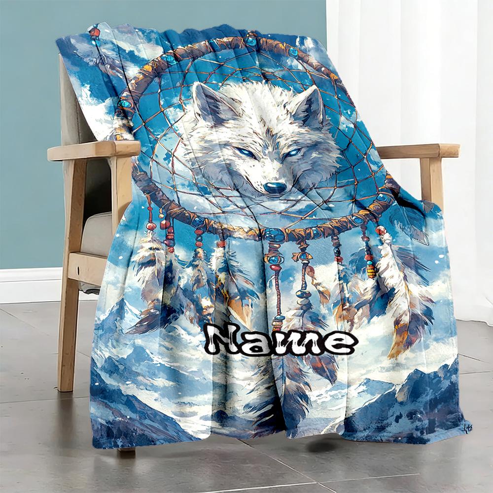 Snow Mountain Wolf Dream Catcher Customize Your Name Blanket Cozy Personalized Blanket Comfortable Suitable for Couch Bedding Home Decor Livingroom