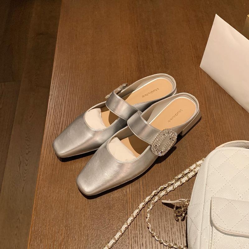 Sheepskin bag head slippers women's sparkling diamond buckle square head one word low heel temperament half drag empty single shoes