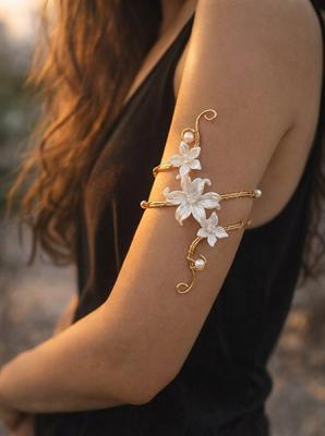 Boho Floral Wire Upper Arm Cuff for Women Fairycore Pearl Wrapped Flower  Armlet Bracelet Summer Festival Jewelry