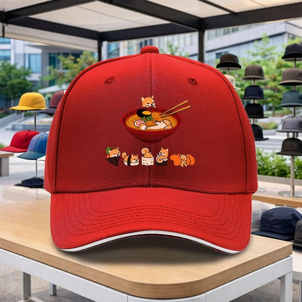 Shiba Inu Ramen Sushi Print Baseball Cap Adjustable Curved Brim Lightweight Casual Hat For Fans Themed Events