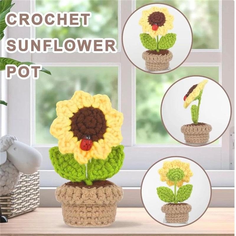 Positives Mini-Kartoffel- und Sonnenblumentopf-Set - handgestrickte Häkelpuppen mit aufmunternder Karte