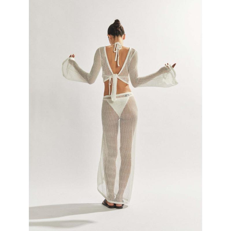 Damen Sexy Anzug Sommer Neu Durchsichtig Kurz Rückenfrei Langärmeliges Oberteil Hoch Offener Schlitz Halbkörper Langer Rock Strickware