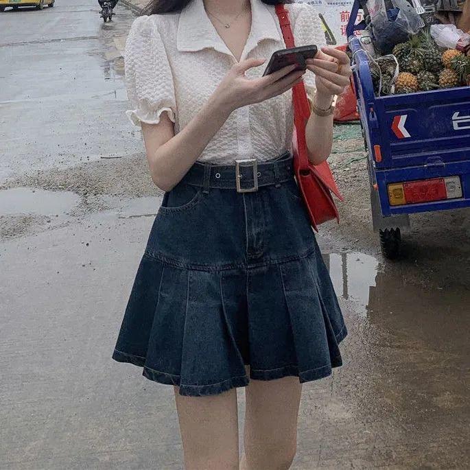 2026 Summer Women’s Spicy Girl A-line Pleated Denim Skirt, High Waist, Retro Korean Style S