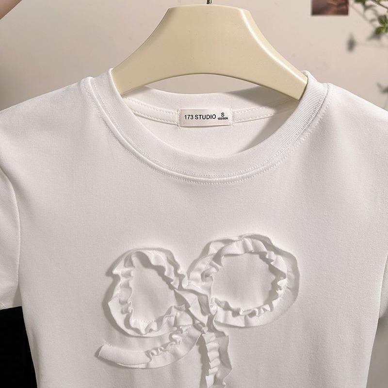 Summer cotton short-sleeved t-shirt women's Korean hem lace solid color round neck versatile women's new top