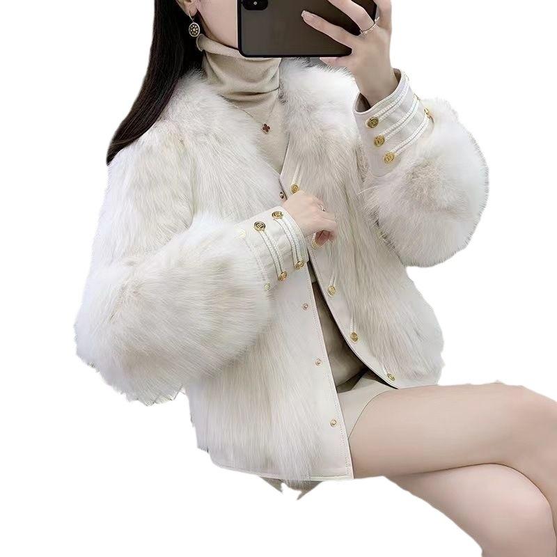 New imitation fox fur jacket winter temperament leather jacket short 2024 crew neck cotton coat young