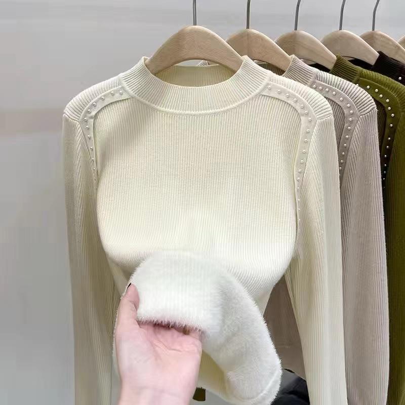 Fleece semi-turtleneck sweater women's integrated fleece bottoming sweater autumn and winter new beaded knitted sweater with thick top inside