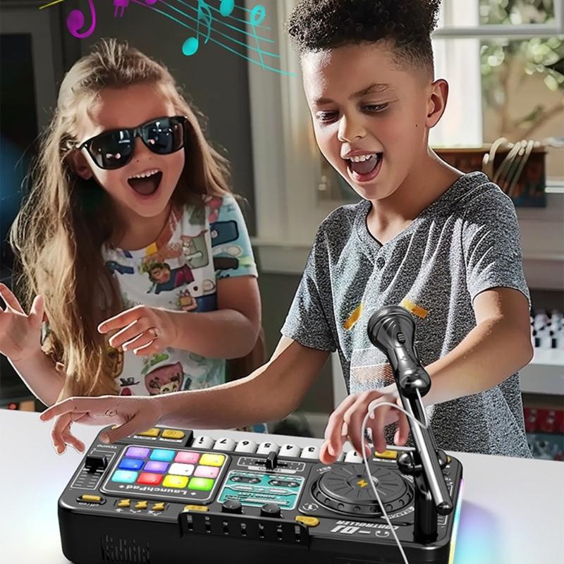 Kids Rechargeable DJ Mixer With Karaoke Microphones Multifunctional Music Creation Toy For Aspirings DJs