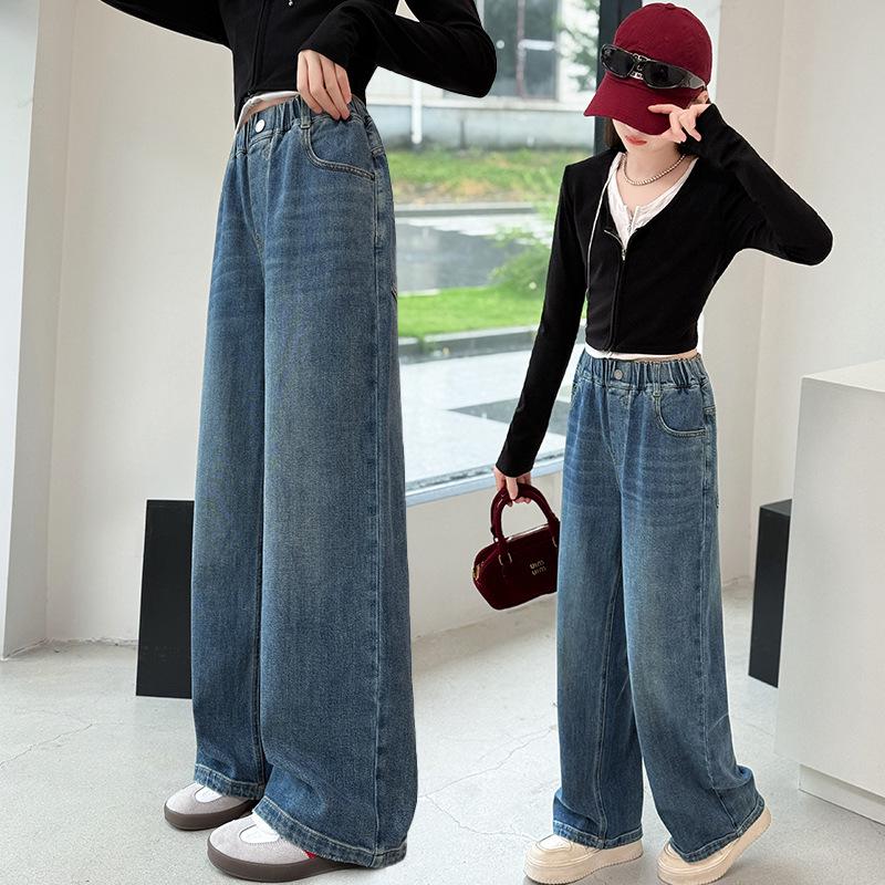 2025 Girls' Embroidered Wide-Leg Jeans: Spring/Fall Casual Straight-Leg Pants for Medium & Big Kids