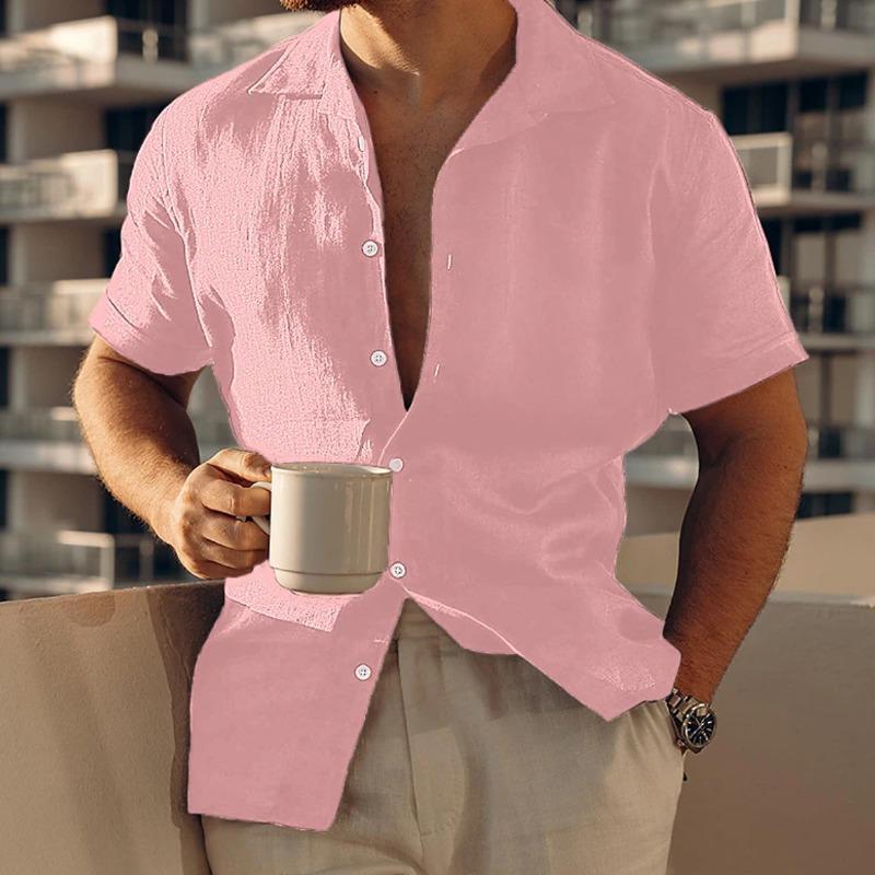 Men's Cross-Border Linen Button Casual Shirt Summer Beach Shirt Short Sleeve Plain Lapel Casual