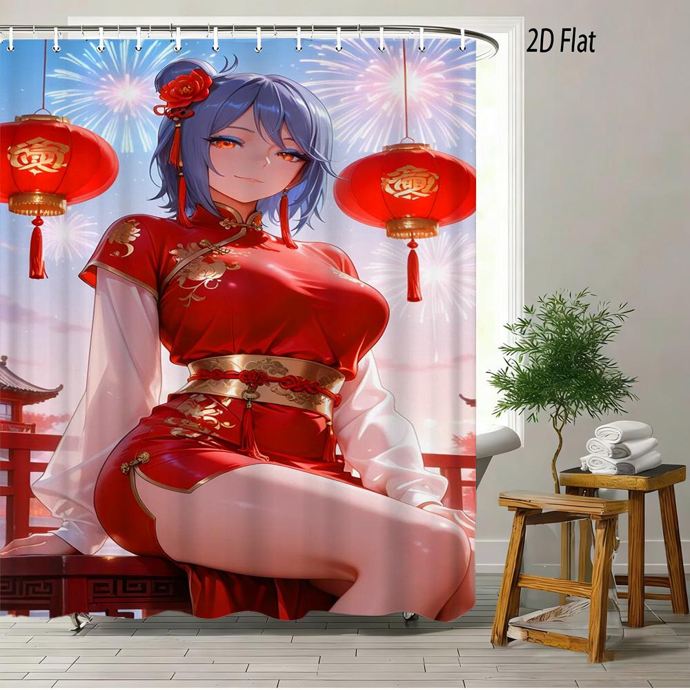 

2D Flat Anime Sakura Red Camo Bikini Beach Scene Shower Curtain Waterproof Bathroom Decor W60H190(CM)-1 Pcs