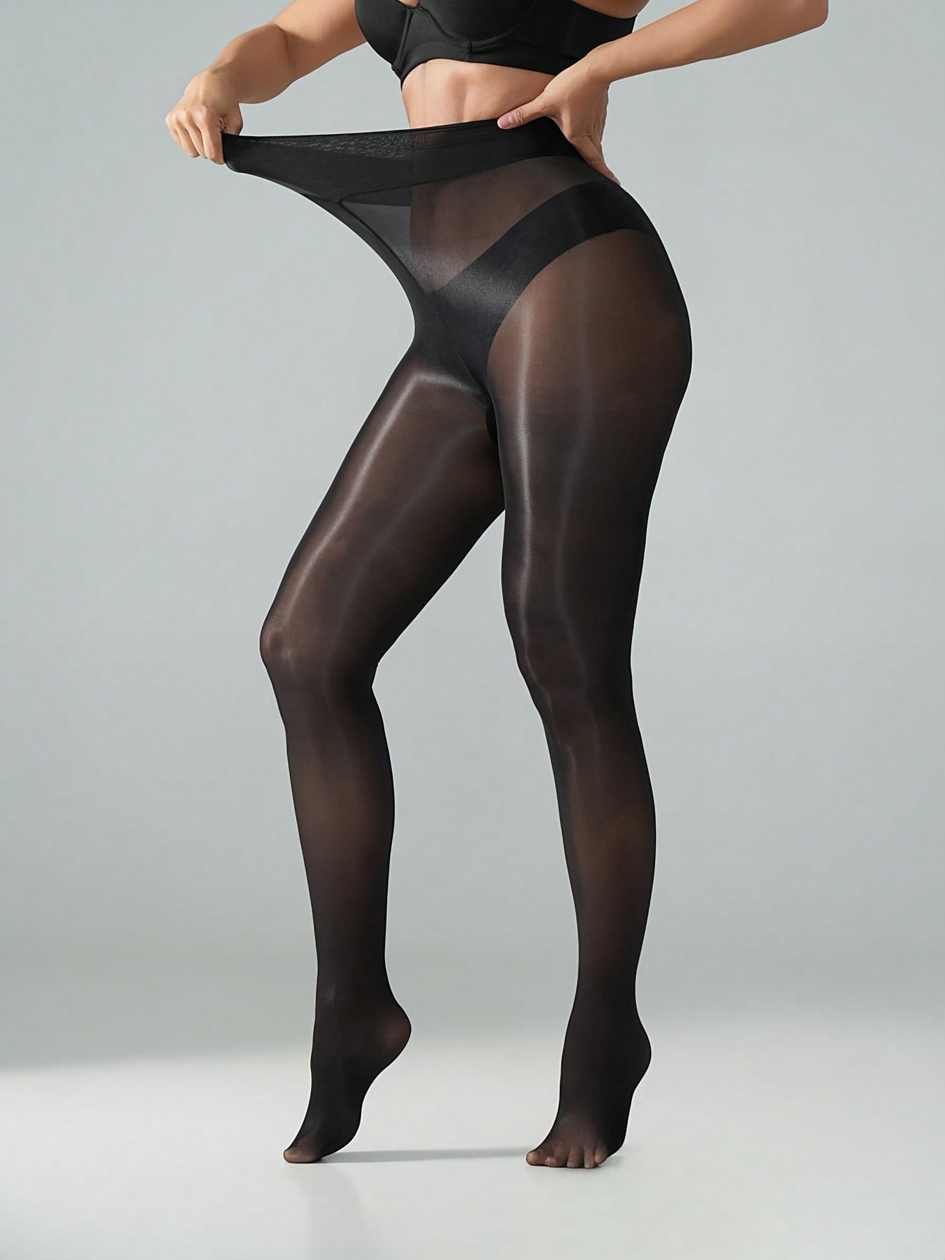 1 Paar Damen Schwarze Glänzende Feinstrumpfhosen, Hoher Bund Blickdichter Oberteil Für Party Nachtausflug M black