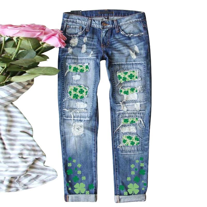 Jeans mit Kleeblatt-Aufnäher und Rissen für Damen, gerade, mittelhoher Bund