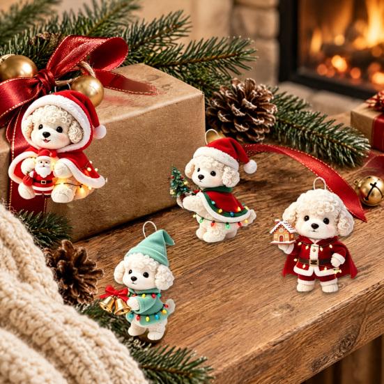 Festive Home Hanging Decor Christmas Dog Wooden Ornament, 2D Cartoon Puppy Ornaments with String, Holiday Tree Party Decoration Animal