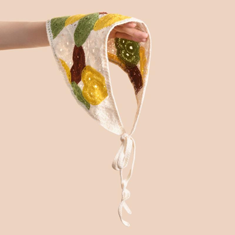 Letni Retro Dzianinowy Trójkątny Turban z Haftem Ażurowym Słodka Kratkowana Opaska na Głowę Dla Kobiet