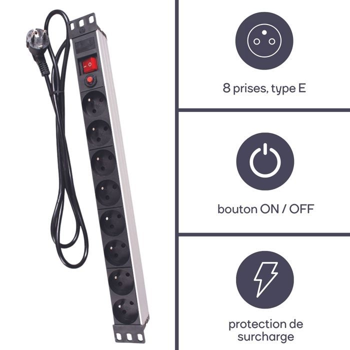 Multiprise 19 pouces velleman ebp08pdu x8 noir, acier inoxydable 1 pc(s)