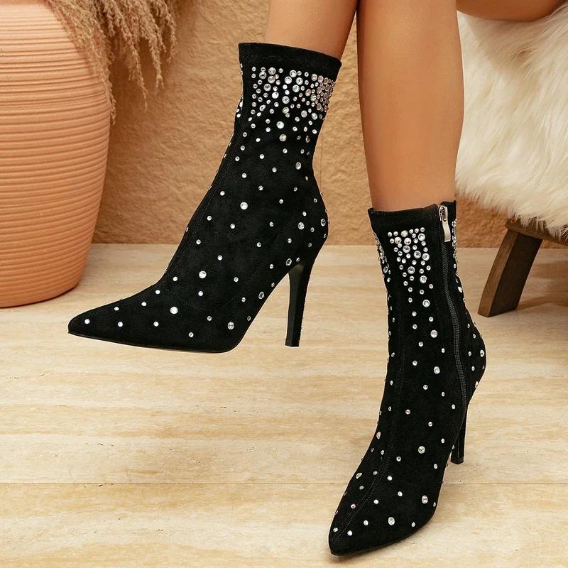 Fashion Sexy Crystal Ankle Boots Woman Eelgant Thin High Heel Pointed Toe Side Zip Shoes Boots Stretch Velvet Design Botas Mujer