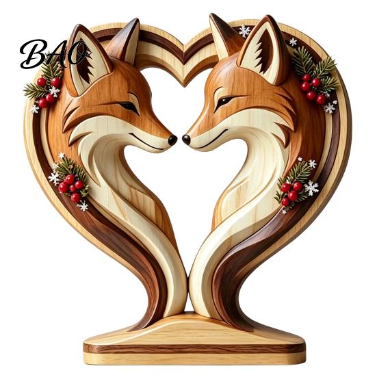 Hand Polished Wood Decor Wooden Animal Ornament with Stable Base, Double Layer Carved Figurine, Rustic Crafts for Office Heart Shape Sculpture