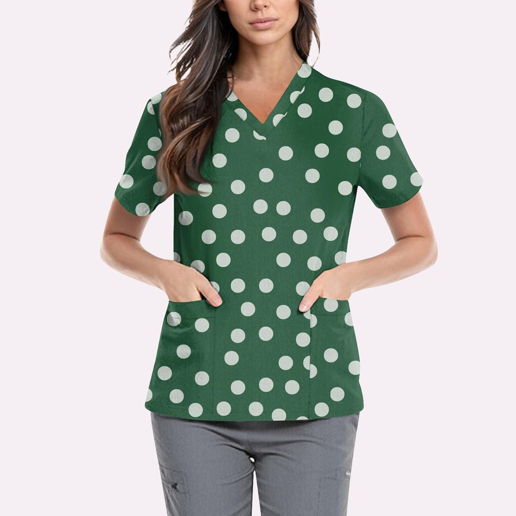 Women's Cute Printed Work Clothes V-neck Double Layer Pockets Basic Short Sleeve Top Pullover Valentines