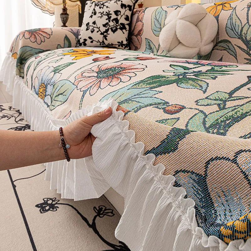 Nordic Pastoral Sofa Towel with Skirt Edge All Inclusive Non Slip Couch Cushion for Living Room All-Season Printed Sofa Blanket