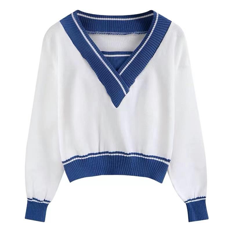 

Ретро свободный облегающий свитер с V-образным вырезом, осенний женский модный новый короткий вязаный женский свитер, элегантный однотонный повседневный офисный женский зимние пуловеры 25352 One Size белый