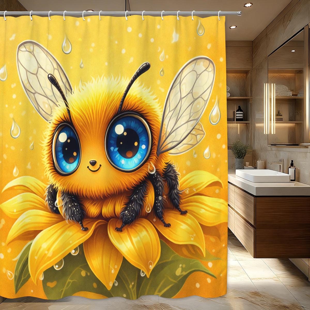

Cute Bee Themed Polyester Shower Curtain - Fun Bathroom Decor, Lovely Bath Curtain With Honey & Floral Elements W60H190(CM)-1 Pcs