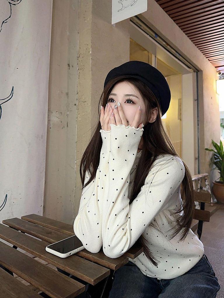 Women's Black Fungal Collar Polka Dot Base Shirt, Autumn/Winter Long-Sleeve Korean Style Top
