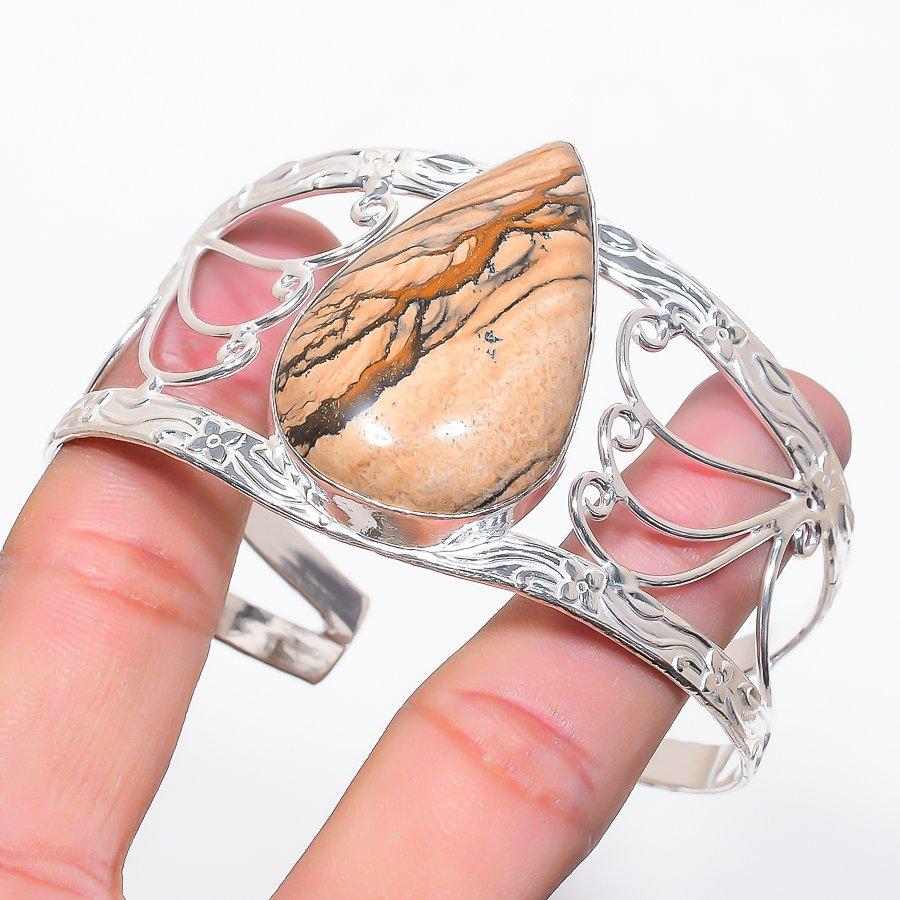 Natural Picture Jasper Gemstone 925 Sterling Silver Cuff Bangle Adjustable a5S41