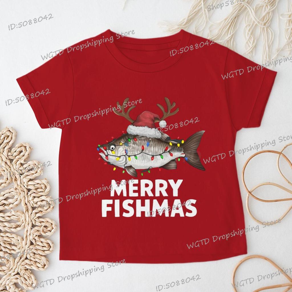 Merry Fishmas Print Christmas T-shirts Short Sleeve Boys Girls Fashion Christmas Clothes Cartoon Hip Hop Wild Xmas Tees