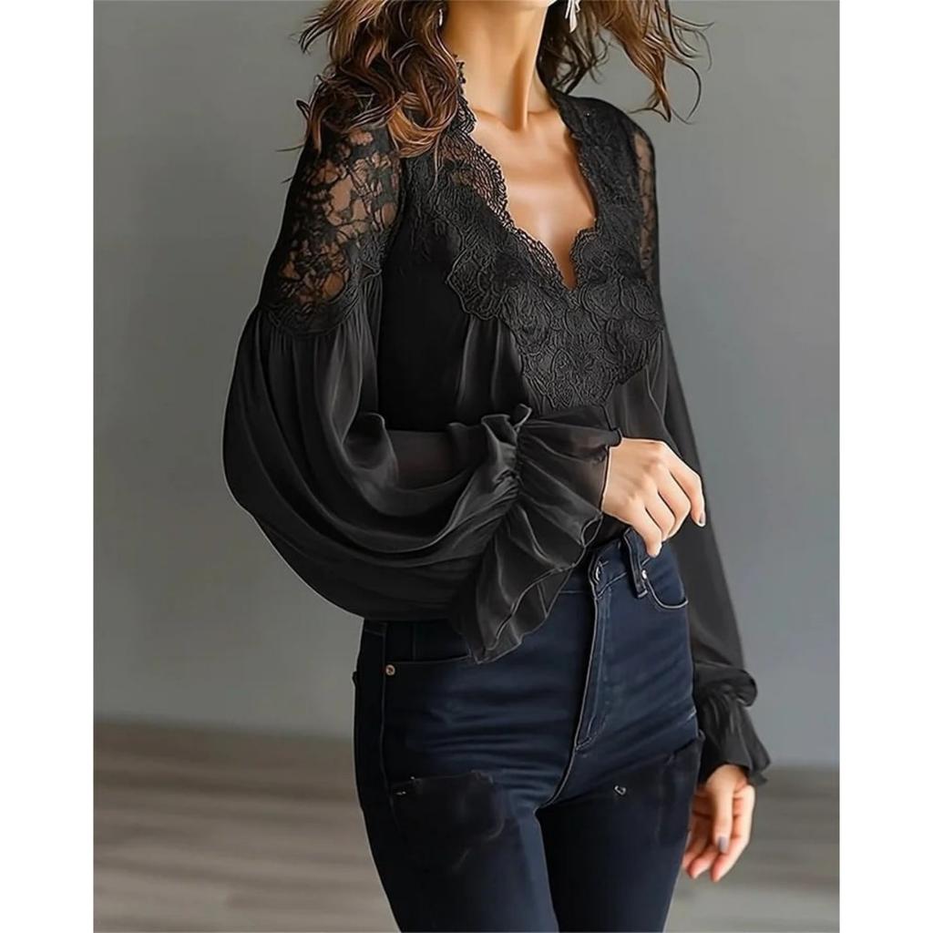 Women's Lace Patchwork Puff Sleeve Pleated Blouse for European American Markets