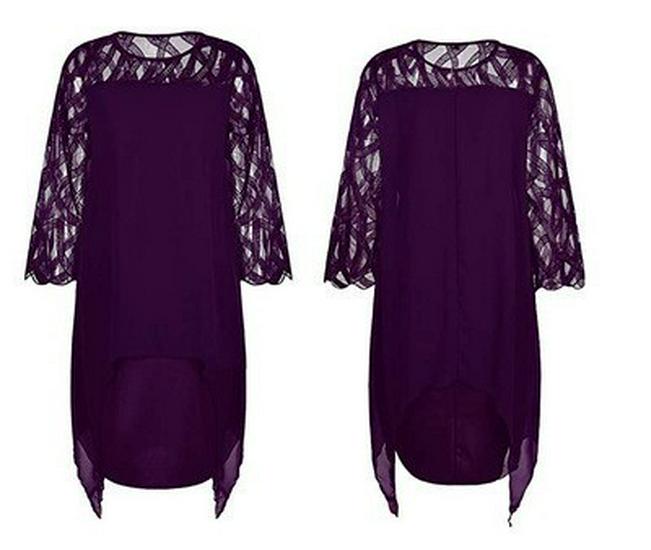 European & American Lace Patchwork Seven-Sleeve Irregular Hem Plus Size Chiffon Dress for Women