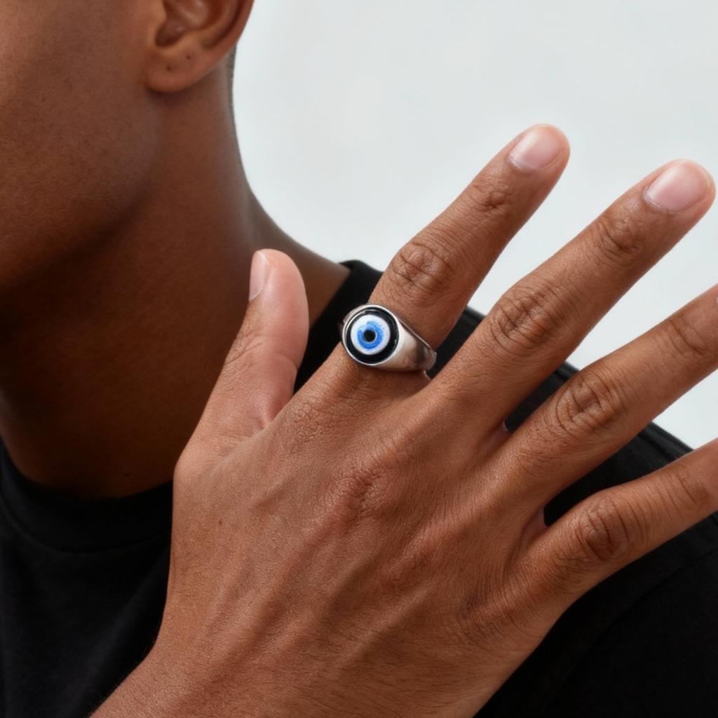 Vintage Turkish Evil Eye Chunky Ring for Men Women, Blue Lucky Eyes Stainless Steel Ring, Hip Hop Punk Eyeball Finger Jewelry