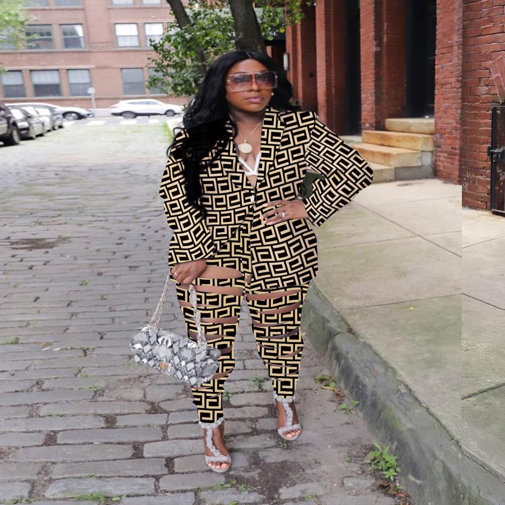 European & American Slim Fit Sexy Print Cardigan Two-Piece Nightclub Set