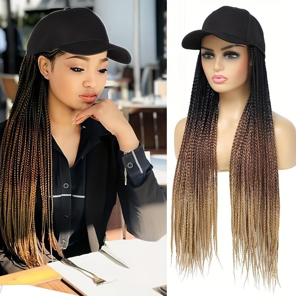 "Elegantní Ombre" Stylová baseballová čepice s parukou s 28" ombre copánky - Syntetické vlasové příčesky pro ženy, Černá do hnědé