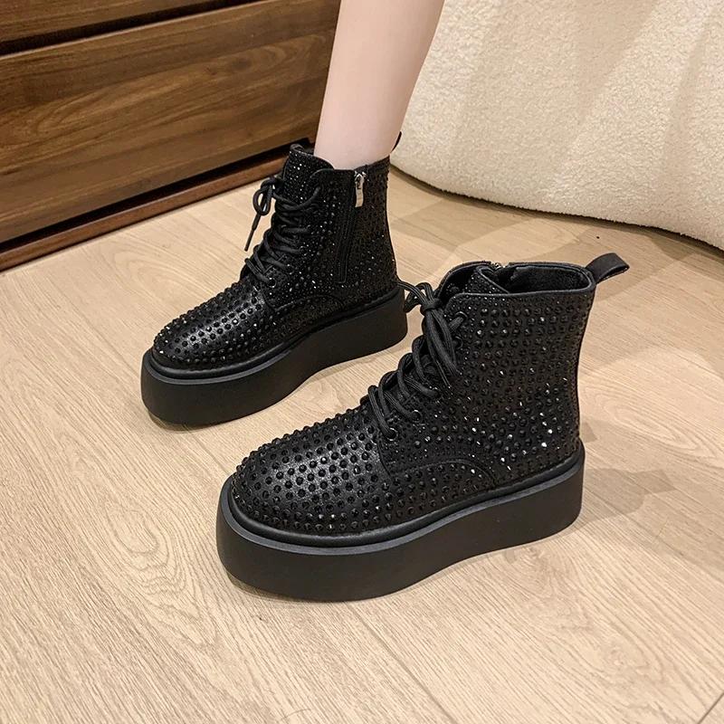 Móda Luxusní Křišťálové Platformové Kotníkové Boty Ploché Dámské Boty Zimní Tenisky 2025 Trend Designér Nové Chelsea Boty Elegantní Botas Mujer