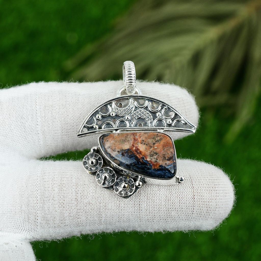 925 Sterling Silver Trillion Pietersite Gemstone Wife Bezel Handmade New Pendant
