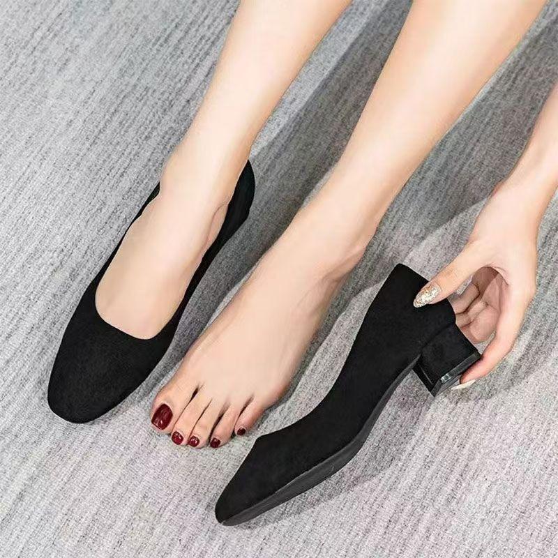 High heels women's autumn new suede versatile black professional work shoes pointed thick heel not tired feet single shoes