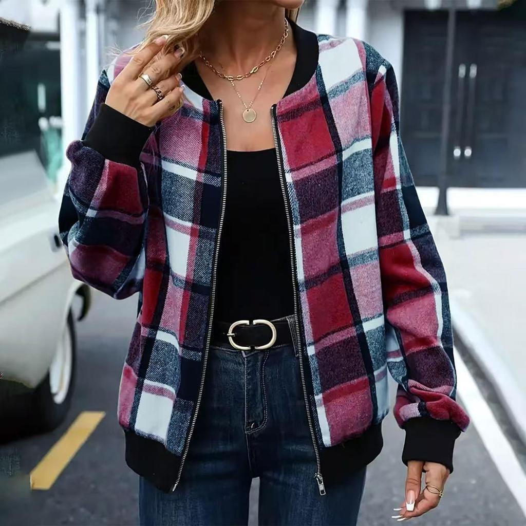 2025 Women's Plaid Zipper Baseball Jacket for Autumn/Winter