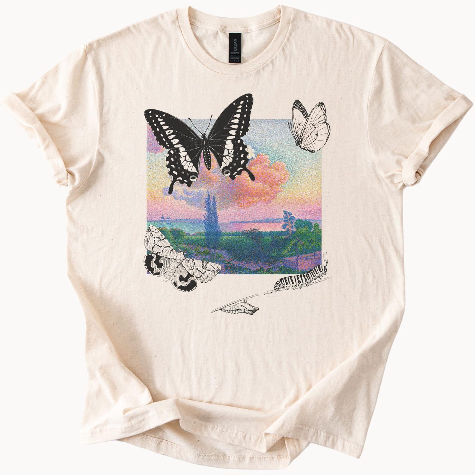 Butterfly and Moth Graphic Tee Pastel Landscape Nature Scene Shirt Colorful Art Insect Aesthetic Summer T Shirt Soft Cotton Top 150