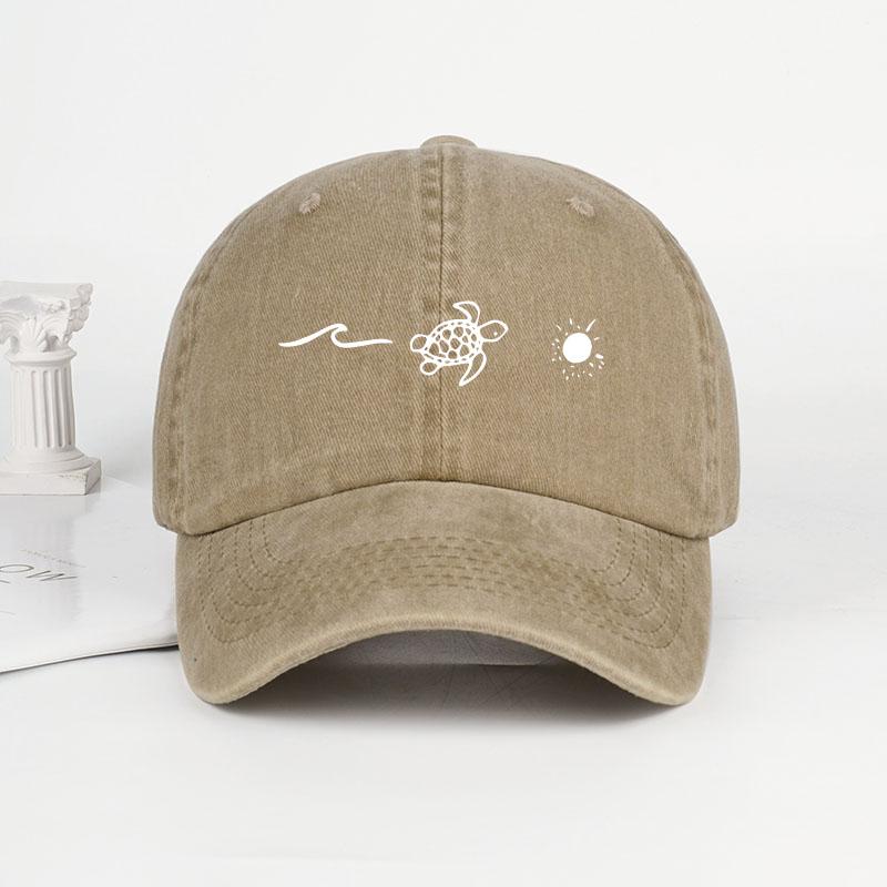 Retro Washed Baseball Cap with Wave, Turtle, and Sun Print – Unisex Adjustable Dad Cap – Summer Beach Sun Hat хаки