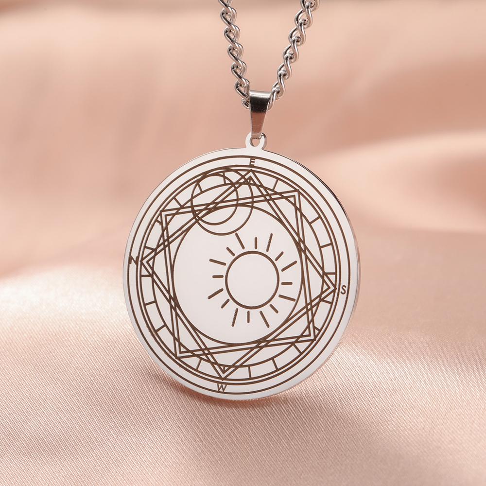 Dawapara Pentagram Crescent Necklace Sakura Magic Circle Sun Moon Star Magic Array Good Luck Amulet Stainless Steel Jewelry