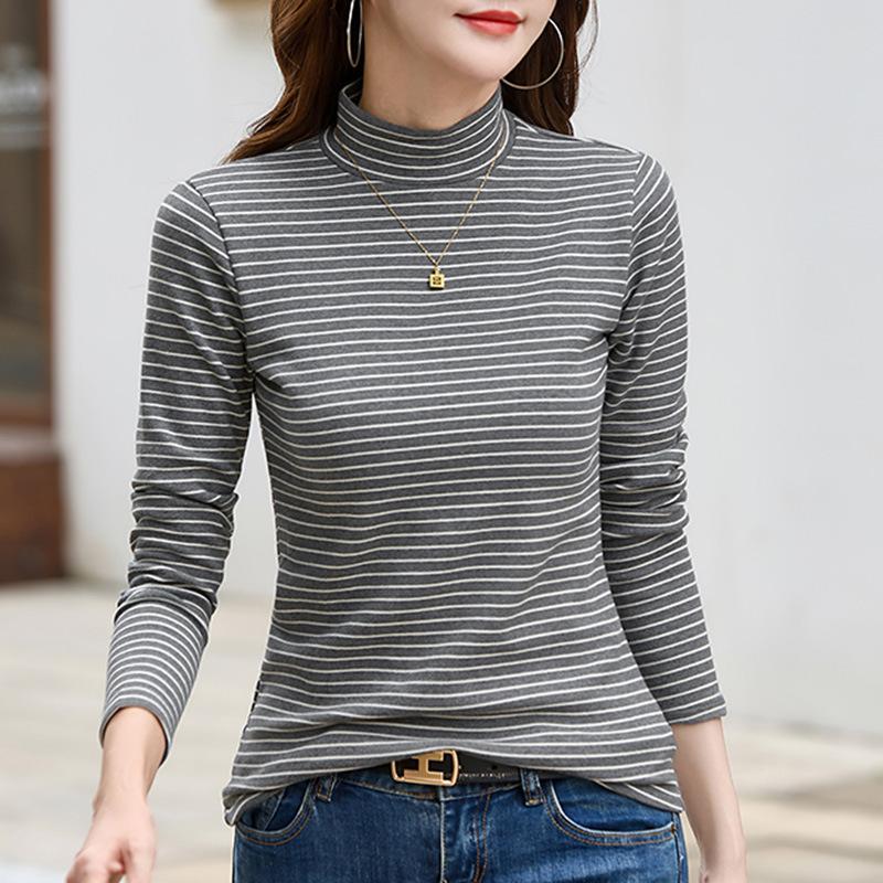 

Новая осенне-зимняя полосатая водолазка с воротником-стойкой для девочек, утолщенная теплая футболка с длинными рукавами, женский топ L