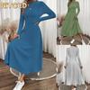 Fashion Autumn Winter Solid Color Print Long Sleeve O-Neck Casual Dresses International Design